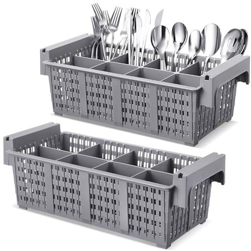 Yungyan 2 Pcs 8 Slot Plastic Cutlery Basket 16.81 x 8.07 x 5.91 Inches Dishwasher Flatware Basket with Handle Utensil Holder for Knives, Forks, Spoons, Silverware Commercial Dishwasher(Gray)