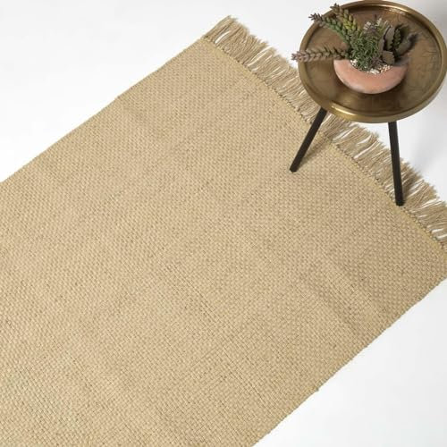Homescapes Zaphyr Jute-Teppich Natur 160x230 cm, Flachgewebe-Teppich Naturfasern, Naturteppich mit Fransen