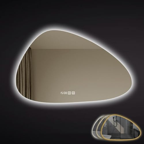 Beleuchteter Badspiegel mit Beleuchtung, Schminkspiegel, Moderner, Rahmenloser, Asymmetrischer, Abgeschrägter Dekorativer Spiegel Wand – Polierte Kanten ( Color : +anti-fog+clock , Size : 75*100cm )