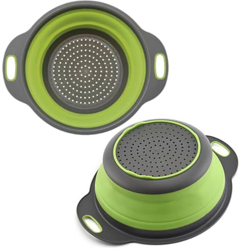 Green Round Silicone Collapsible Colander – Silicone Round Small Kitchen Strainers with Plastic Handles Foldable Kitchen Strainer Perfect for Draining Pasta Vegetable and Fruit