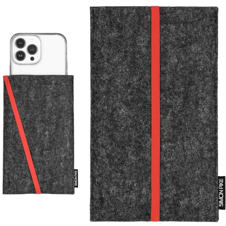 SimonPike Handyhülle mit Gummiband passend für Apple iPhone 17 Pro | 16 Pro | 15 Pro (Gr. H) | Phoenix anthrazit Filztasche aus Wollfilz