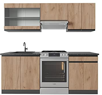 Vicco Küchenzeile R-Line, Küchenblock, Goldkraft Eiche/Anthrazit, 200 cm, AP Marmor