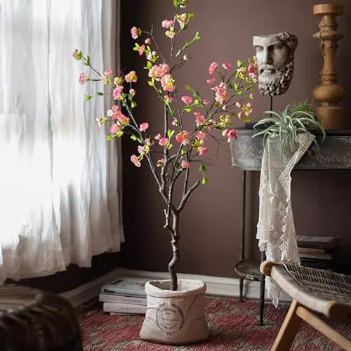 Künstlicher Baum Rosa Kunstbaum mit Kirschblüte und Weißem Topf, UV-beständige Kunstblumen Als Dekoration für Draußen, Verblasst Nicht, Imitat-Topfpflanze 136 cm