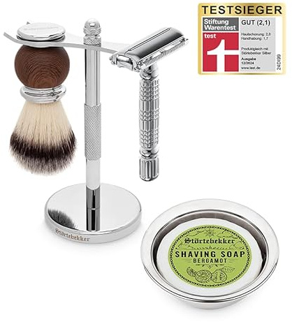 Störtebekker® Premium rakstativ set – med rakhyvel, rakborste, rakskål och rasttvål bergamott – högkvalitativt rakset/skäggvårdsset – 8 dofter – presentidé män rakset