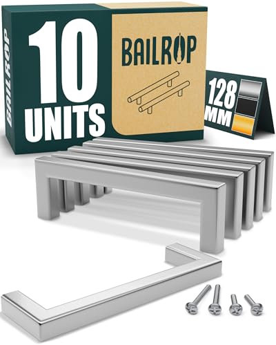 BAILROP Tiradores Cocina Plateados 128MM (10 Unidades) - Tiradores Armarios Cuadrados - Manillas Rectangulares para puertas de armarios y muebles de cocina.