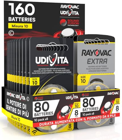 160 Pilas para audífonos Tamaño 10 PR70 (Amarillo) 20 Blister de 8 Pilas Tecnología Sound Fusion - 160 Pilas: 80 Rayovac + 80 Udivita