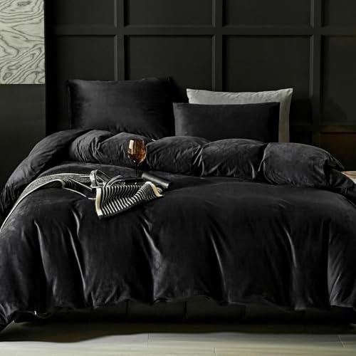 Lanqinglv Plüsch Bettwäsche 135x200 Schwarz Flanell Flauschig Winterbettwäsche Biber,Warme Cashmere Touch ÖKO-TEX Bettwäsche Set Bettbezug mit Reißverschluss und 1 Kissenbezug 80x80 cm