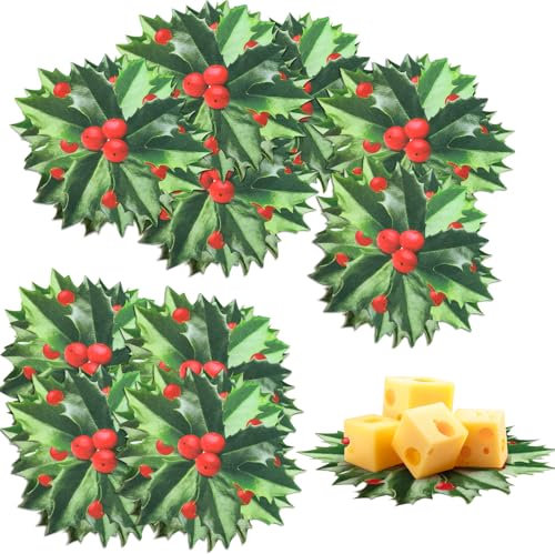 Trandraft 100 hojas de papel de pergamino de hojas de bayas de acebo de Navidad de 6 pulgadas, papel de queso desechable de doble cara para tablas de charcutería, cocina, decoración de fiestas, platos