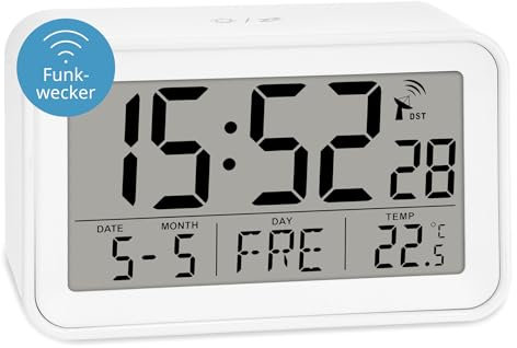 ADE Digitaler Funkwecker mit Licht | Wecker mit Temperaturanzeige und Kalender | kompakter Reisewecker | hübsches matt weißes Gehäuse | mit Batterie