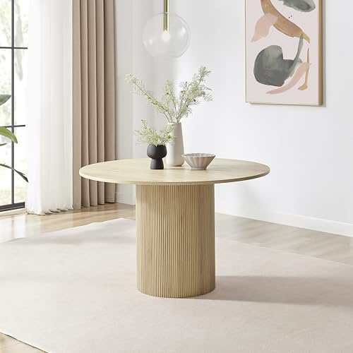 Furniturebox UK Dining Table - 'Penrose' Oak 120cm 4-6 Seat Round Wooden Pedestal - Melamine Veneer - Slatted Wood Pillar Leg - Modern Scandi Style Dining Furniture