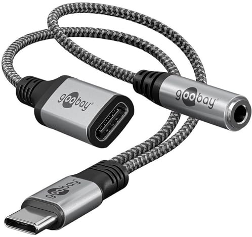 goobay - Cuffie da jack USB C a 3,5 mm e adattatore USB C 2 in 1, ricarica rapida da tipo C a jack audio AUX, guaina in tessuto / 74524