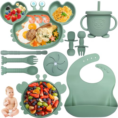 Kinyoda Avvänjningsklaff, 10 delar barnkalkset, halkfri geléset med sugkopp skål, babybestickset för mat, BPA-fri (grön)