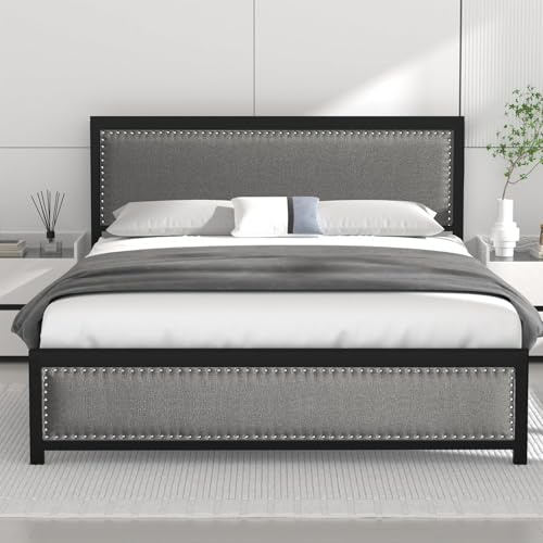VECELO Polsterbett 140x200 cm Doppelbett, Stoffbett mit Kopfteil und Fußteil, Stabiles Bettgestell mit Lattenrost, 32 cm Unterbett-Höhe, Grau(Ohne Matratze)