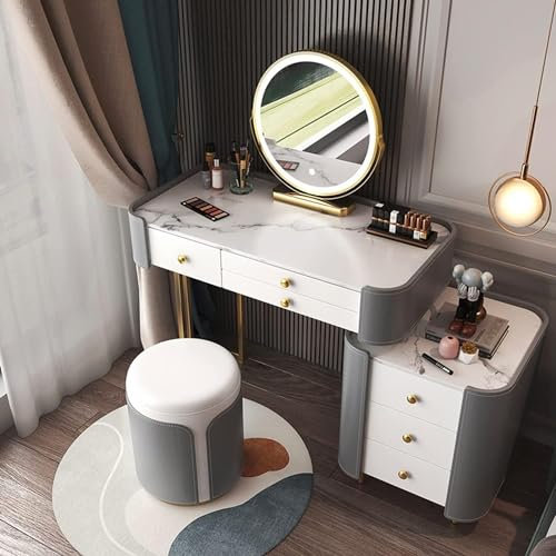 Weißes Schminktisch-Set mit 6 Massivholzschubladen, Spiegel, LED-Lichter, Beistellschrank und Hocker, moderner Luxus-Make-up-Schreibtisch