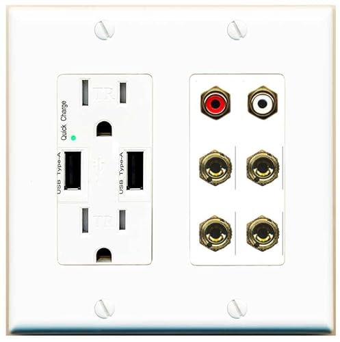 RiteAV 4 placas de pared Banana (2 altavoces) con 2 conectores RCA (rojo + blanco) - Cargador USB [blanco]