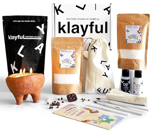KLAYFUL - DIY-Set Kerzen & Keramik | 400g pflanzliches Perlwachs, 1,5kg Ton, Farben, Pinsel, Dochte, Stempel & Anleitung (Terrakotta-Ton + Perlwachs + Klassische Farben)