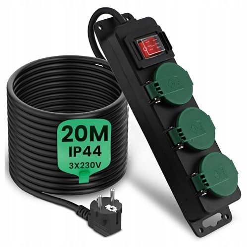 Verlängerungskabel 20m - Verlängerungskabel Außen-Outdoor Stromkabel IP44-Witterungsbeständiges Gummi-Schwarz - Robustes Extension Cord für Garten und Baustelle-Standardeingang, Nicht Unischuko