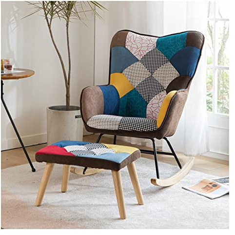WWERTYY Schaukel-Stillstuhl Patchwork mit Massivholzbasis, Loungesessel mit hoher Rückenlehne und Fußhocker für Wohnzimmer/Schlafzimmer/Terrasse – Bunter Kinderzimmerstuhl