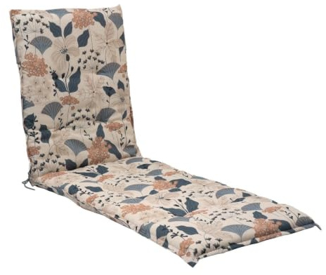 Generisch Liegenauflage 190 x 60 cm mit Blätter & Blumenmotiv – Bequeme Gartenliegen-Auflage in Creme Blau – Polsterauflage für Sonnenliegen mit Gurtband & Bindekordeln – Made in Germany – Langlebig