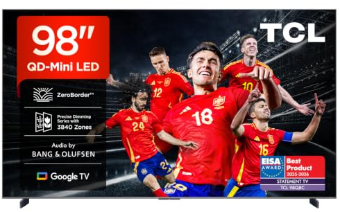 TCL 98Q8C 98 Zoll QD-Mini LED Fernseher, 4K HDR Premium 5000, ZeroBorder™, Smart Google TV CrystGlow WHVA-Panel, Audio von Bang & Olufsen, 144Hz Motion Clarity Pro, Dolby Vision IQ & Atmos