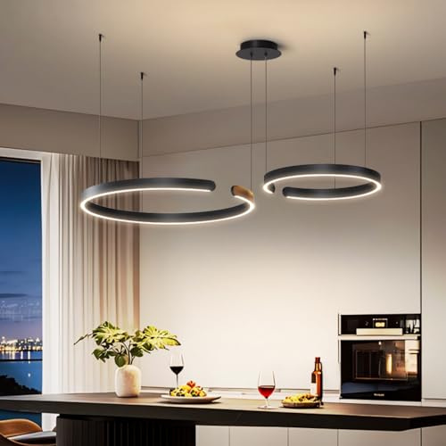 JINWELL LED Pendelleuchte Esstisch, Dimmbar Pendelleuchten Moderne Ringe Design Hängeleuchte Aluminium Esszimmerlampe Hängelampe Hängend Lampen Für Esstischlampe Büro Küche(Schwarz,60+80cm)