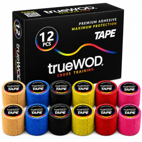 trueWOD Tape Crossfit Adhesivo Cinta Dedos Esparadrapo Deportivo Hook Grip | Caja de 12 Rollos Tapes Flexibles y Resistentes para Proteger Pulgares y Dedos. Accesorios de Crossfit para Mujer y Hombre