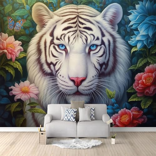 Papel Pintado Efecto 3D, Vistoso Papel Pintado FotografíA Mural con Dibujo Flor Tigre Blanco Motivo, 200 x 140 cm Moderna Murales Decoración para SalóN Dormitorio Oficina