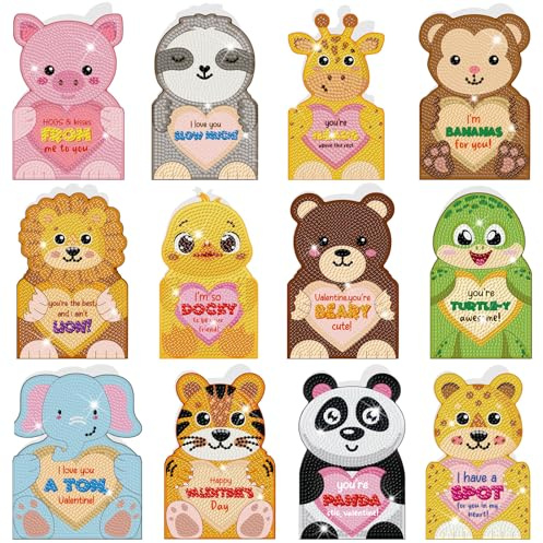 Saillong 12 Pack Valentine Gifts Diamond Painting Greeting Cards with Animal Design Diamond Art Card with Envelope Valentine's Day 5D Rhinestones Painting Making Kits for Adult DIY Craft Family Friend