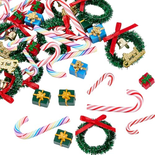 SUNNYCLUE 9 Estilo 36 piezas de Figuras Navideñas de Resina, Mini Decoraciones Navideñas, Lindos Bastones de Caramelo En Miniatura, Cajas de Regalo, Coronas, Adornos Decorativos para Manualidades, Rec