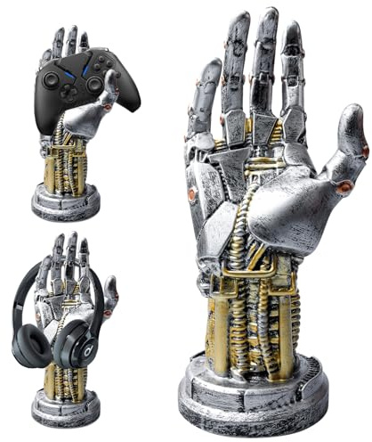 GOMETY Cyberpunk Kopfhörerständer, Gaming Headset Halterung und Controller Ständer Controller Halterung Futuristisches Harzdesign Metalloptik Gamer Zubehör für Vitrine Schreibtischorganisation