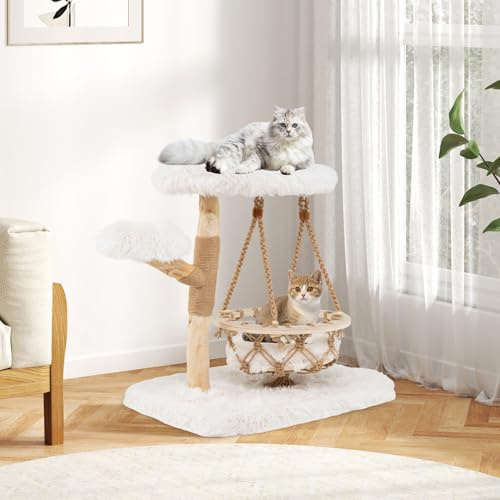 GOPLUS Kratzbaum Holz, Katzenbaum mit Hängeschaukel, Plüschplattform & Kratzsäulen aus Jute, Kletterturm Aktivitätszentrum für Kätzchen, Katzenkratzbaum Katzenmöbel für Katzen (66 cm)