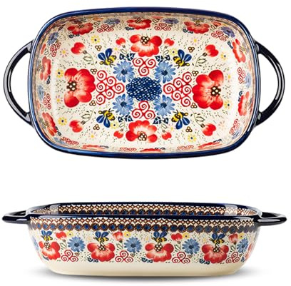 Ceramic Baking Dish, 7x11 Inch Casserole Dish for Oven,1900ml Large Lasagna Pan with Handles Deep and Large Capacity, Durable Bakeware for Lasagna, Home & Kitchen Decor Gifts (Honey Red Flower, L)