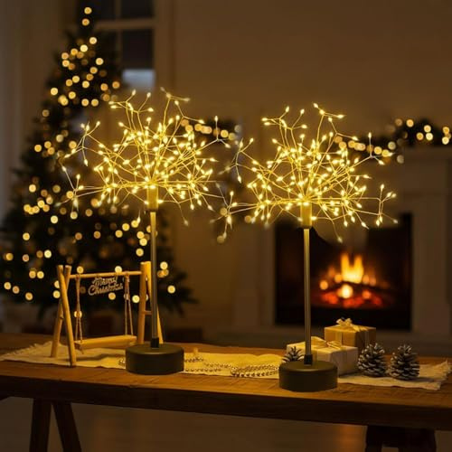 CHENRI 2PCS Nest and Flowers Table Lights Fireworks, 120 LED Mini Table Starburst Silver Lights, Firework Centerpiece Light, Battery Operated LED Table Lamp for Christmas Decor (Warm)