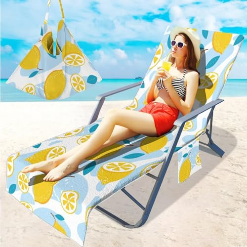 xitoio Fruit Print Microfiber Beach Chair Cover Towel - 210x75cm Portable Sun Lounger Slipcover with Pockets for Garden Vacation (Blue Lemon)