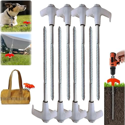 FUANA 20,3 cm robuste Zeltheringe zum Einschrauben für Camping, Bodenanker mit Gewinde für Zelte, Vordach, Pavillon, Markise, Abspannleinen oder Planen, 8/16/24 Stück, mit Tragetasche, weiß 8 + 1