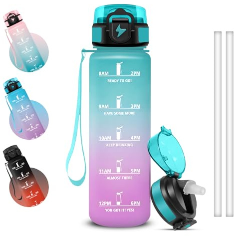 Grsta Botella Agua 1 litro, Cantimplora con Pajita, A Prueba de Fugas Cantimplora, Diseño de Cerradura, Botella Agua Gimnasio con Marcador de Tiempo para Viaje, Oficina, Hogar