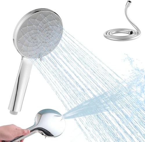Haiba Shower Head and Hose 1.5m, High Pressure 6 Modes Handheld Shower Head, Built-in Power Wash to Clean Tub, Tile & Pets, Silver
