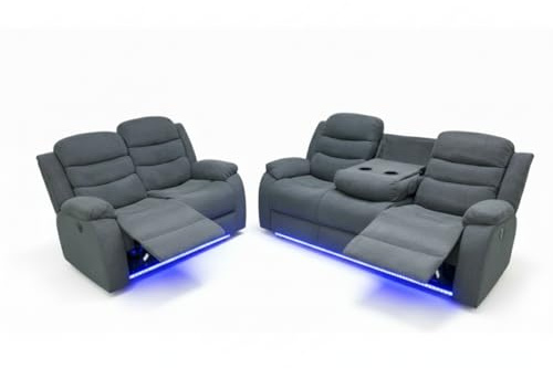 Madrid Fabric Electric Recliner Sofa with Cupholders – 3+2 Seater – USB Charging Ports – LED Lights – Fabric Recliner Sofa Set (Grey) (3+2 Seater)