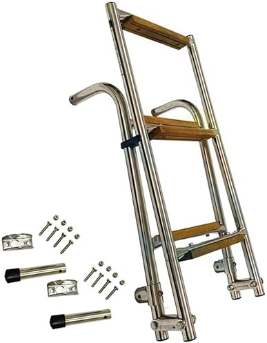 Stainless Steel Folding 4-Step Dock Ladder with Wooden Steps for Marine Boat and Swimming Pool
