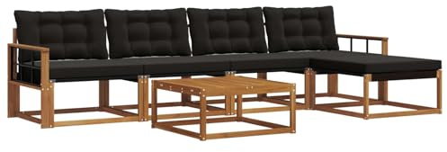 Qnhdfrt Set di mobili da giardino in legno di acacia e textilene, set divano modulare per terrazza e giardino, con cuscini per seduta e schienale, gruppo seduta, naturale e nero