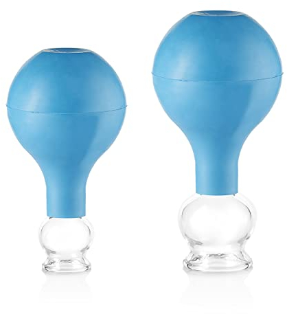Pulox Schröpfgläser Set aus Echtglas mit Saugball - 2x Medizinisches Schröpfglas in Blau - 25mm, 32mm