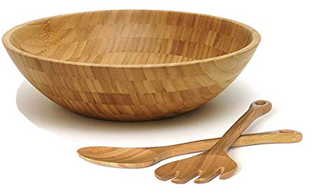 Bamboo Salad Bowl with 2 Serving Utensils Spoon Wood Round Salad Bowl Mixing Bowl