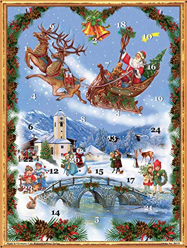 Nostalgischer Adventskalender/Weihnachtskalender für Kinder und Erwachsene mit Bildern und Glitzer Weihnachtsmann im Schlitten