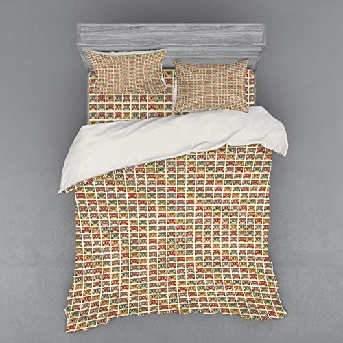 Ambesonne Retro Duvet Cover Set, Old Audio Cassettes Vintage Elements Listening to Music Theme Recording Technology, 4 Piece Bedding Set with Shams and Fitted Sheet, Queen Size, Multicolor