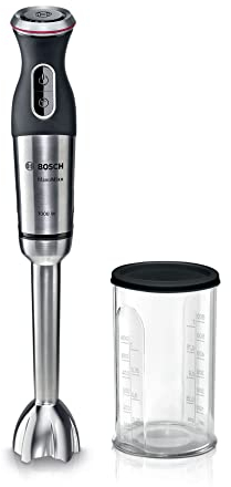 Bosch Stabmixer MaxoMixx MS8CM6110, Edelstahl-Mixfuß, Mix und Messbecher, 4-Klingen-Messer, Edelstahlgehäuse, Weiß, 12 Stufen plus Turbostufe, 1000 W, Edelstahl