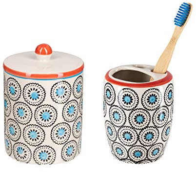 Tranquillo Juego de 2 Piezas para el Baño Porta Cepillos de Dientes (8x8x11 cm) y Caja para Discos de Algodón o Utensilios de Baño (8x8x12 cm) Cerámica Estampada a Mano de Matthes.