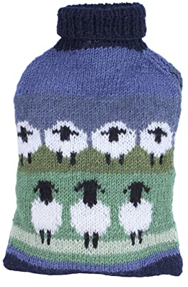 Pachamama Handgestrickter Wärmflaschenbezug aus 100 % Wolle und 2 Liter Wärmflasche, Schaf-Muster, handgefertigt, Fair-Trade, mehrfarbig