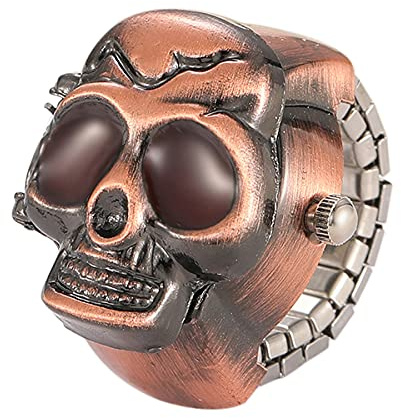JewelryWe Herren Ringuhr Fingeruhr Analog Quarz Uhr Elastisch Totenkopf Schädel Ring Band Edelstahl Uhr Uhrenring