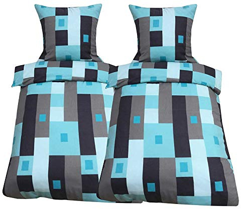 Leonado Vicenti Fleece Bettwäsche 135x200 cm 80x80 cm Türkis Grau Karo Warme Garnitur Winter Set Bezug Kissen mit Reißverschluss