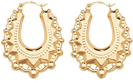 9ct Yellow Gold Over Silver Victorian Gypsy Style Oval Hoop Earrings - No Gemstone - Sterling Silver - No Gemstone